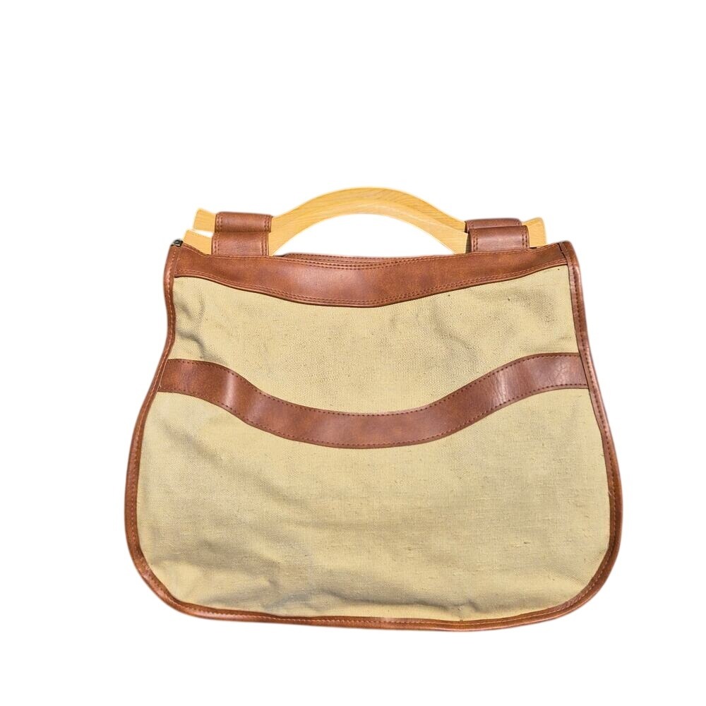 Charles Revson Ultima II Vintage Boho Canvas Handbag Wooden Top Handle Tan
